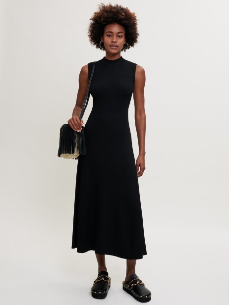 Maje Sleeveless Black Ribbed Cutout Long Dress S/M Contemporary Minimal Chic
